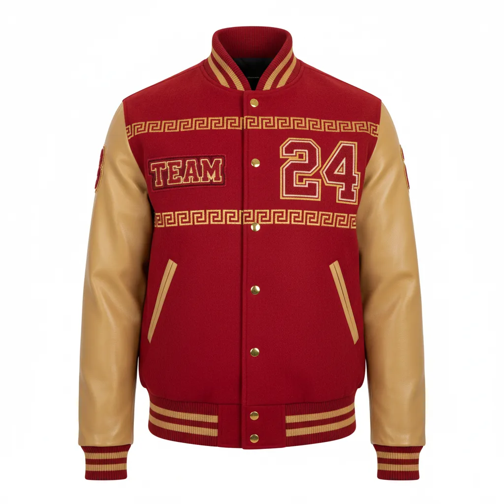 Custom Football Varsity Jacket - Gold - Cardinal Vegas Greek Key - Front View - Kinexa Sportswear
