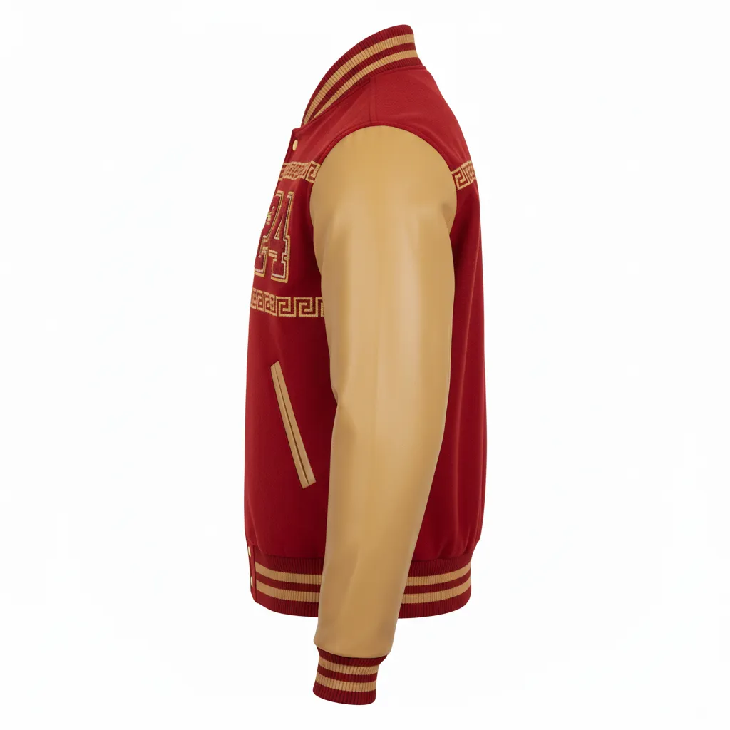 Custom Football Varsity Jacket - Gold - Cardinal Vegas Greek Key - Side View - Kinexa Sportswear