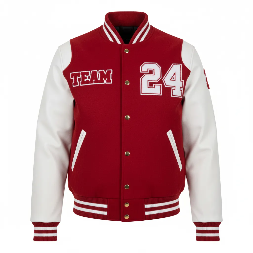 Custom Football Varsity Jacket - White - Cardinal Shoulder Hem Stripe - Front View - Kinexa Sportswear