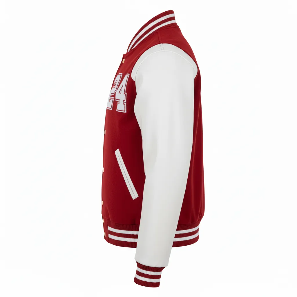 Custom Football Varsity Jacket - White - Cardinal Shoulder Hem Stripe - Side View - Kinexa Sportswear