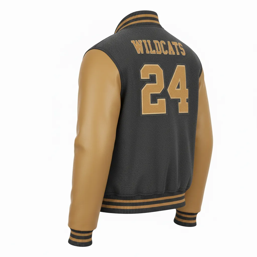 Custom Football Varsity Jacket - Gold - Charcoal Vegas Shoulder - Back View - Kinexa Sportswear