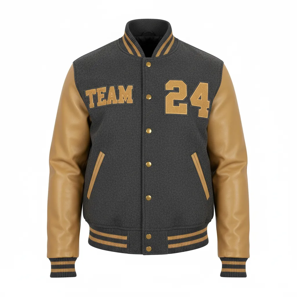 Custom Football Varsity Jacket - Gold - Charcoal Vegas Shoulder - Front View - Kinexa Sportswear