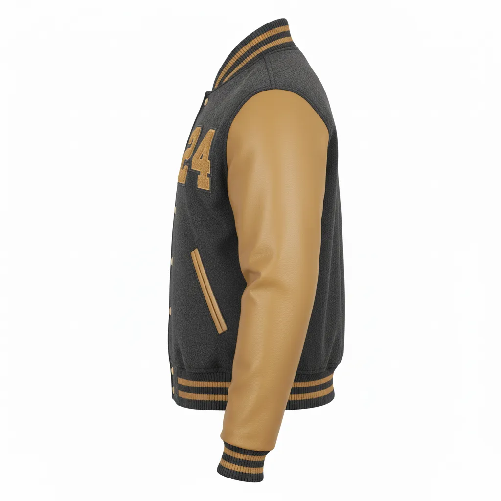 Custom Football Varsity Jacket - Gold - Charcoal Vegas Shoulder - Side View - Kinexa Sportswear
