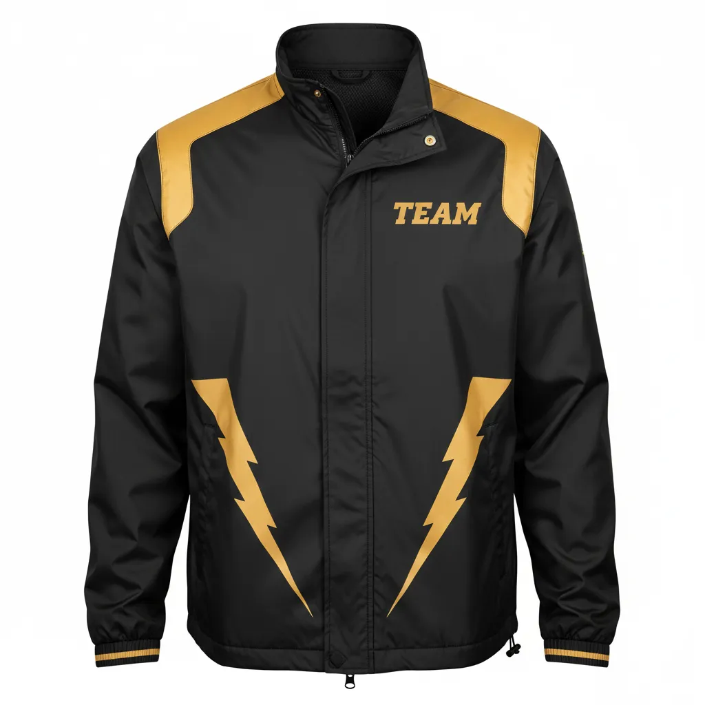 Custom Football Windbreaker - Black, Gold - Vegas Lightning Bolt - Front View - Kinexa Sportswear