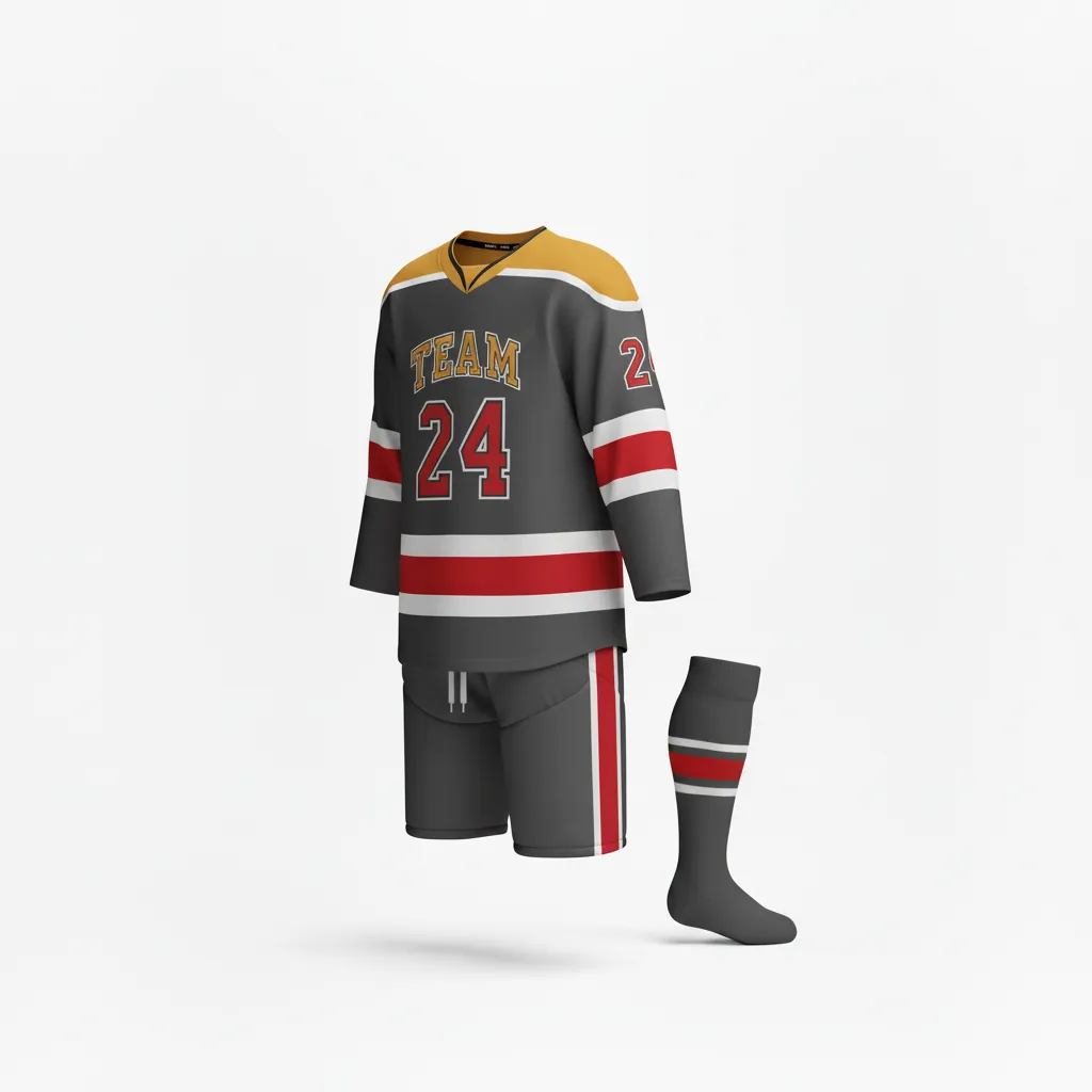 Custom Ice Hockey Away Uniform - Gold - Charcoal - Front View - Kinexa Sportswear