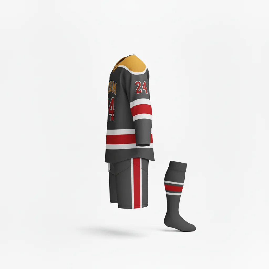 Custom Ice Hockey Away Uniform - Gold - Charcoal - Side View - Kinexa Sportswear