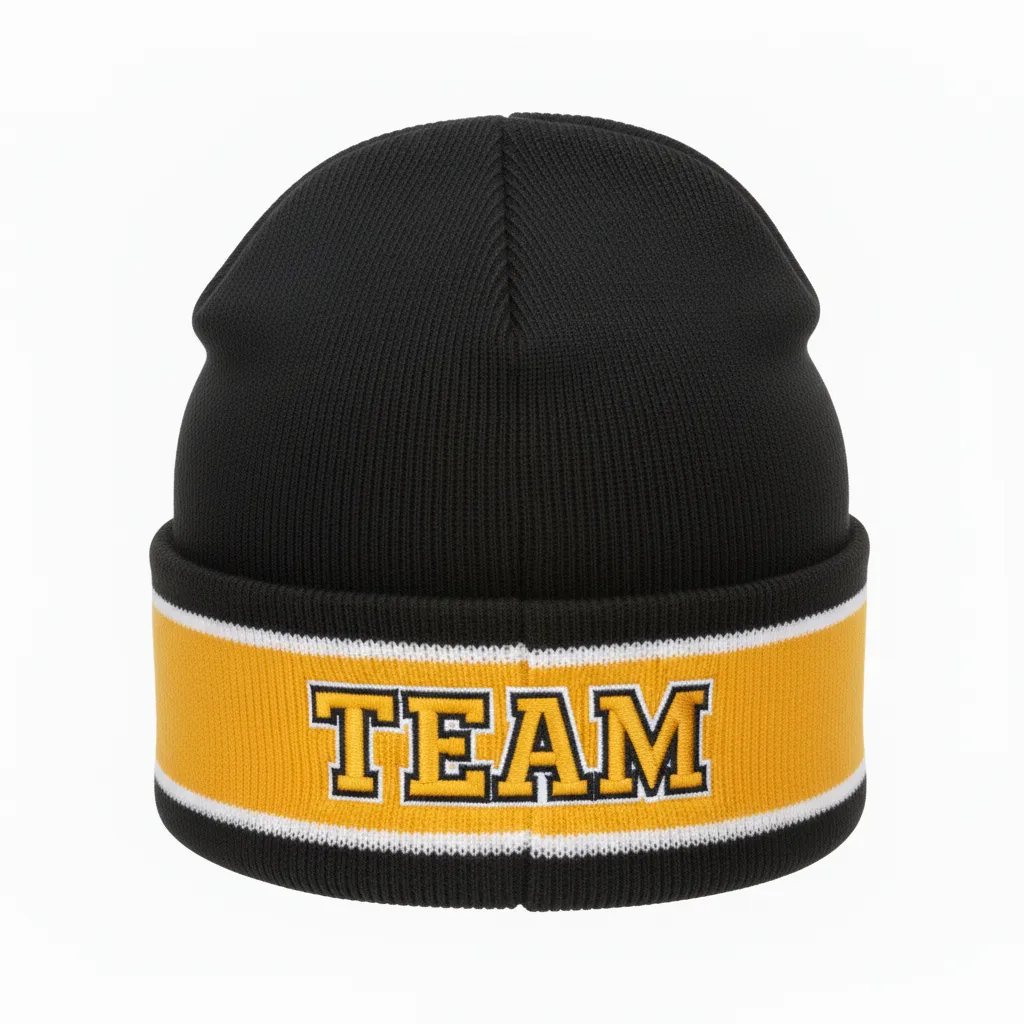 Custom Ice Hockey Beanie - Black, Gold, White - Front View - Kinexa Sportswear