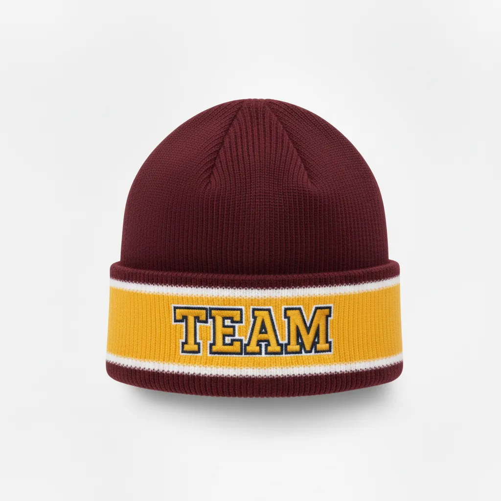 Custom Ice Hockey Beanie - Burgundy, Gold, White - Front View - Kinexa Sportswear