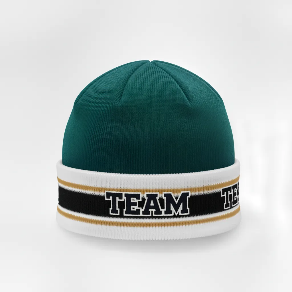 Custom Ice Hockey Beanie - White, Navy - Columbia - Front View - Kinexa Sportswear