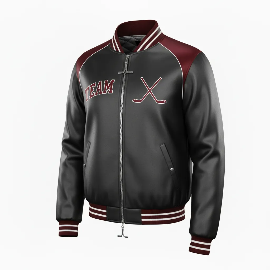 Custom Ice Hockey Bomber Jacket - Black, Red, White - Front View - Kinexa Sportswear