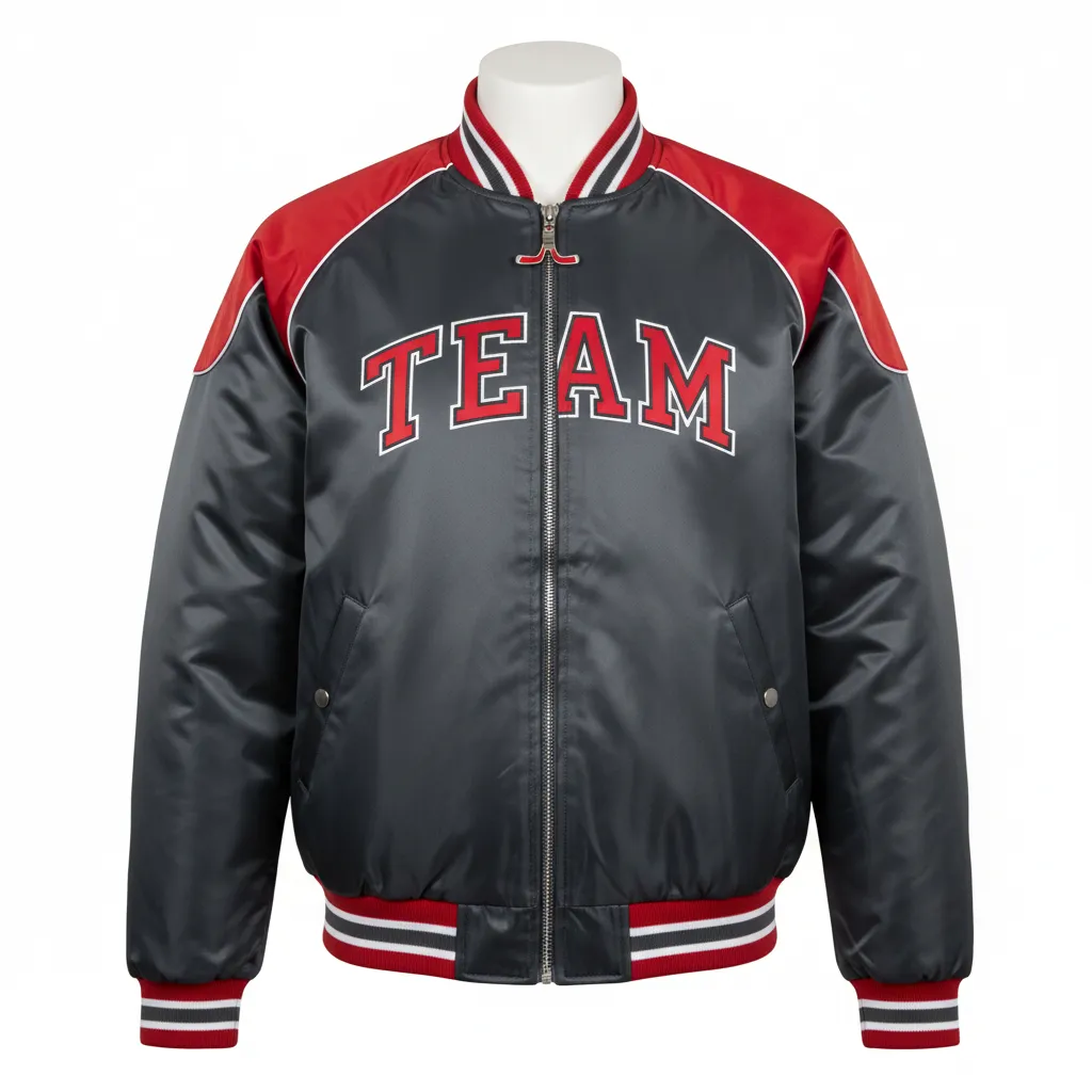 Custom Ice Hockey Bomber Jacket - Red, White - Charcoal - Front View - Kinexa Sportswear