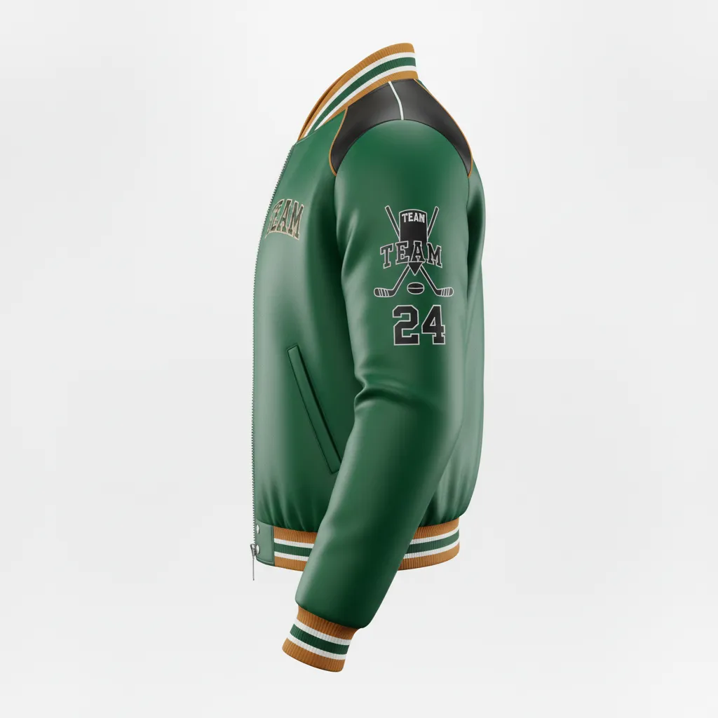 Custom Ice Hockey Bomber Jacket - Black, Gold - Forest - Side View - Kinexa Sportswear