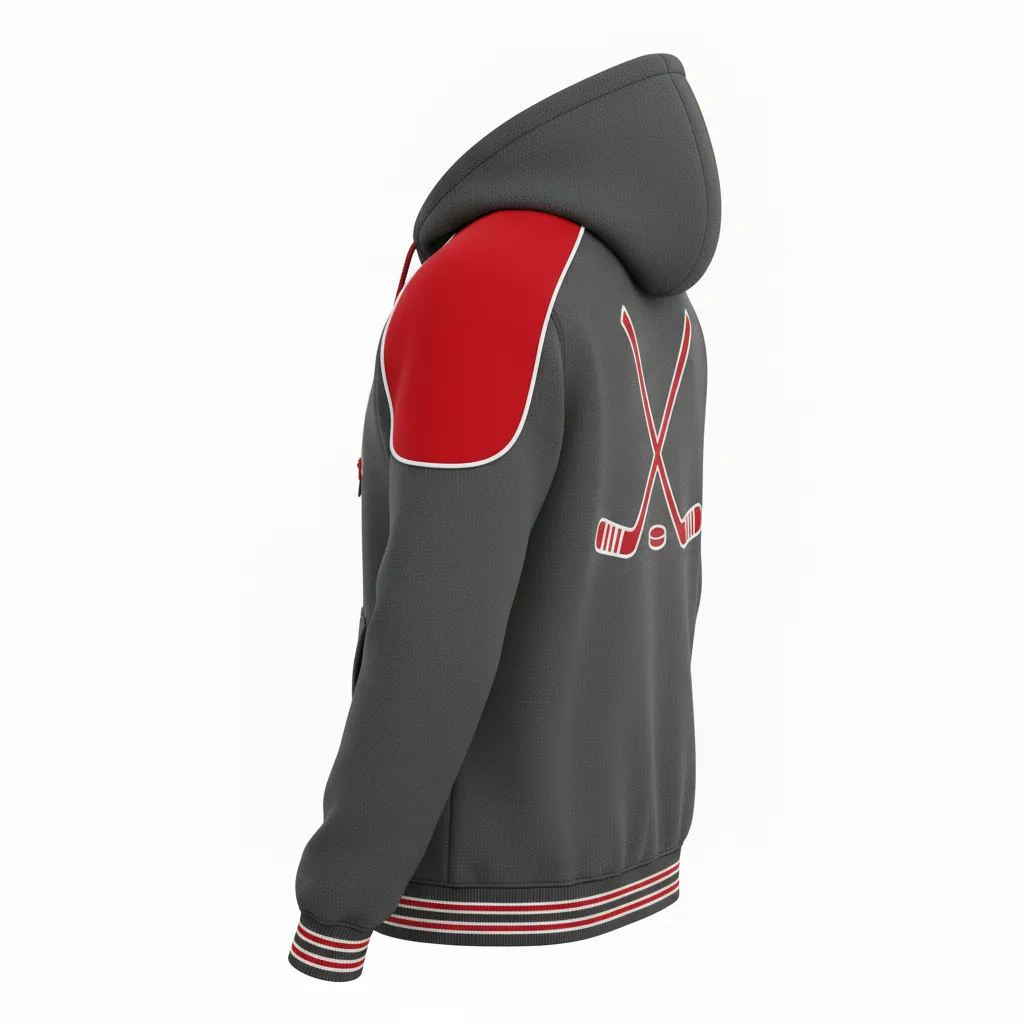 Custom Ice Hockey Full Zip Hoodie - Red, White - Fullzip Charcoal - Back View - Kinexa Sportswear