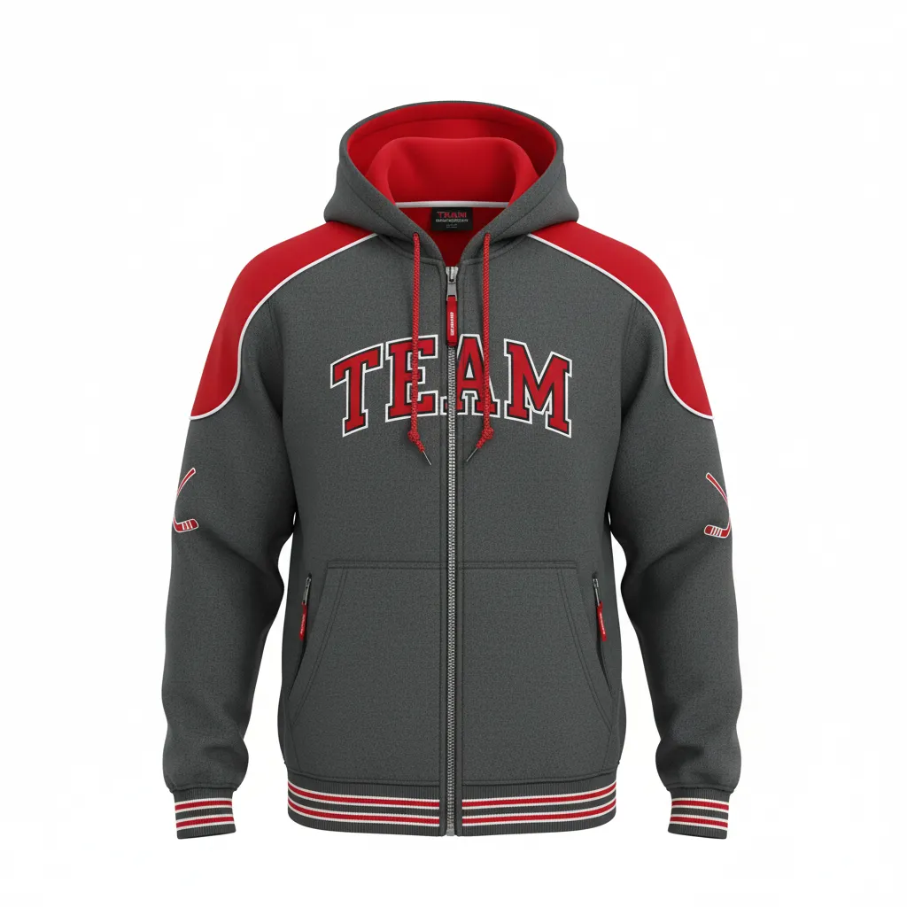 Custom Ice Hockey Full Zip Hoodie - Red, White - Fullzip Charcoal - Front View - Kinexa Sportswear