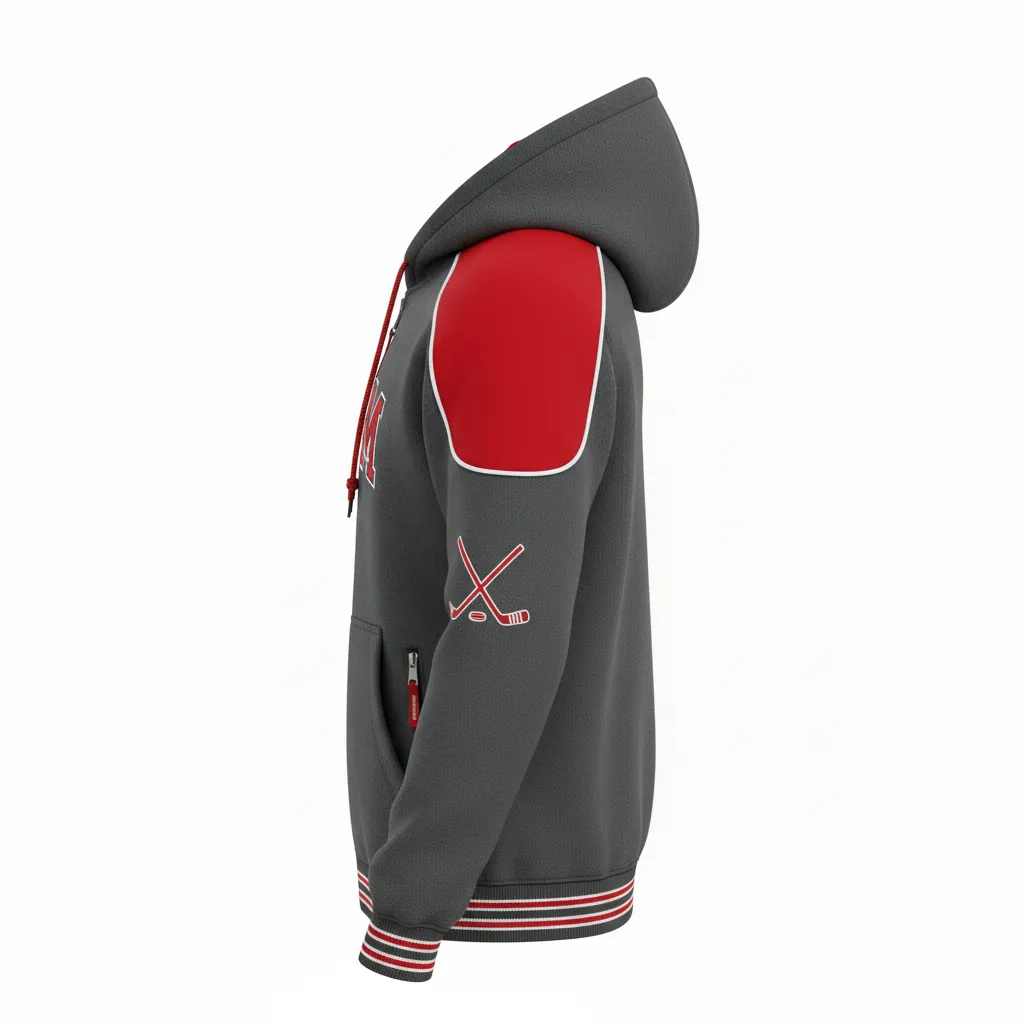 Custom Ice Hockey Full Zip Hoodie - Red, White - Fullzip Charcoal - Side View - Kinexa Sportswear