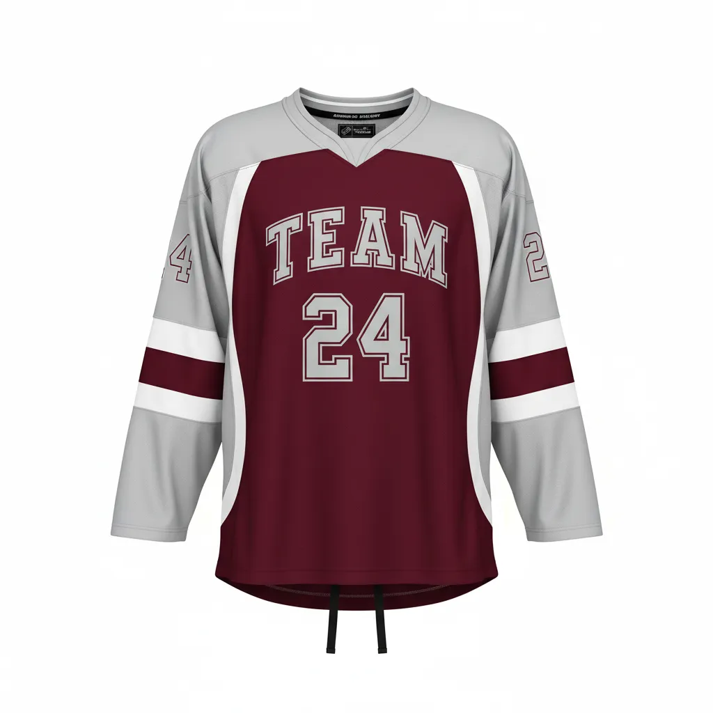 Custom Ice Hockey Game Day Away Jersey - Burgundy, Silver - Front View - Kinexa Sportswear