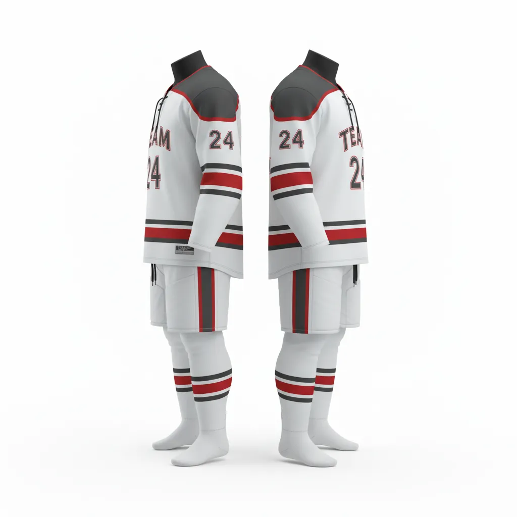 Custom Ice Hockey Home Uniform - Red - Charcoal - Side View - Kinexa Sportswear