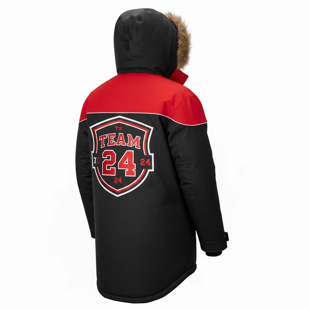 Custom Ice Hockey Parka Winter Jacket - Black, Red, White - Back View - Kinexa Sportswear