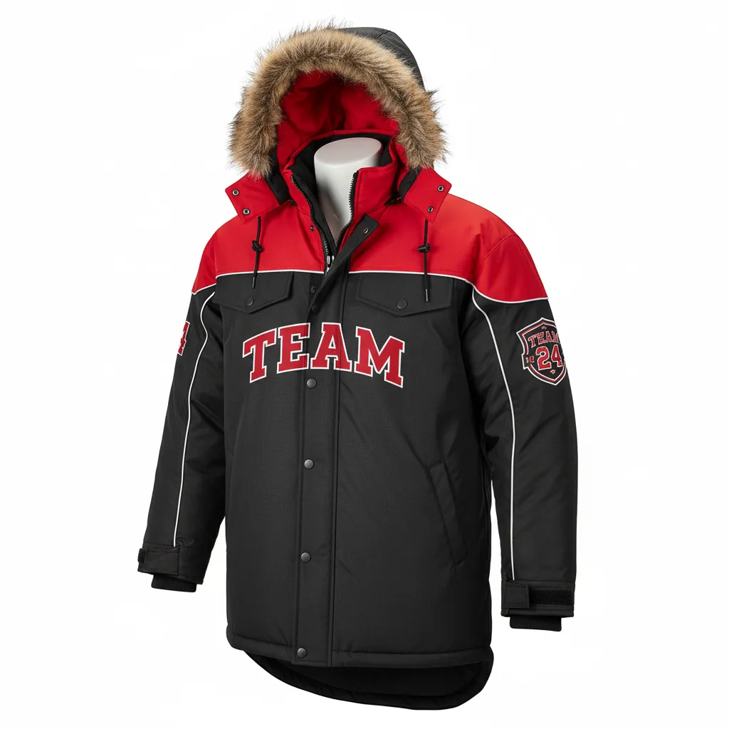 Custom Ice Hockey Parka Winter Jacket - Black, Red, White - Front View - Kinexa Sportswear