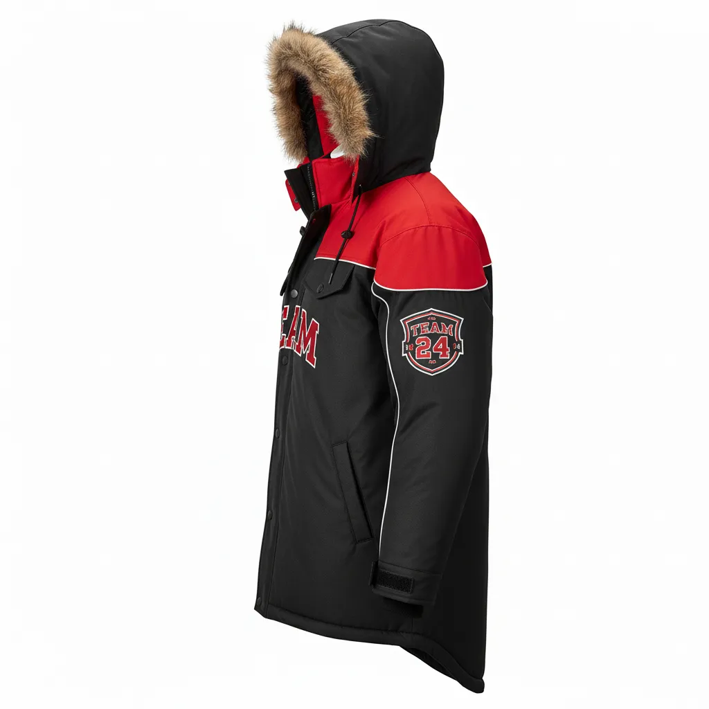 Custom Ice Hockey Parka Winter Jacket - Black, Red, White - Side View - Kinexa Sportswear