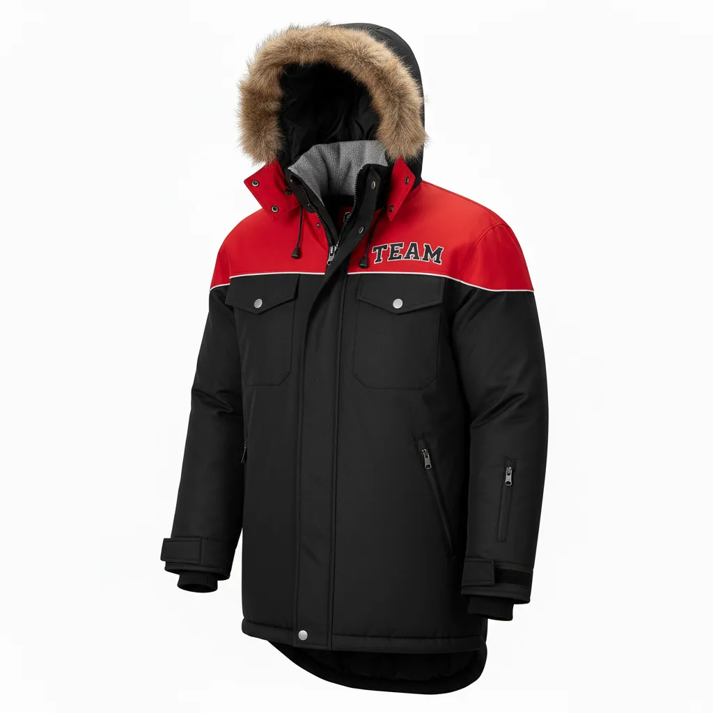 Custom Ice Hockey Parka Winter Jacket - Black, Silver, White - Front View - Kinexa Sportswear