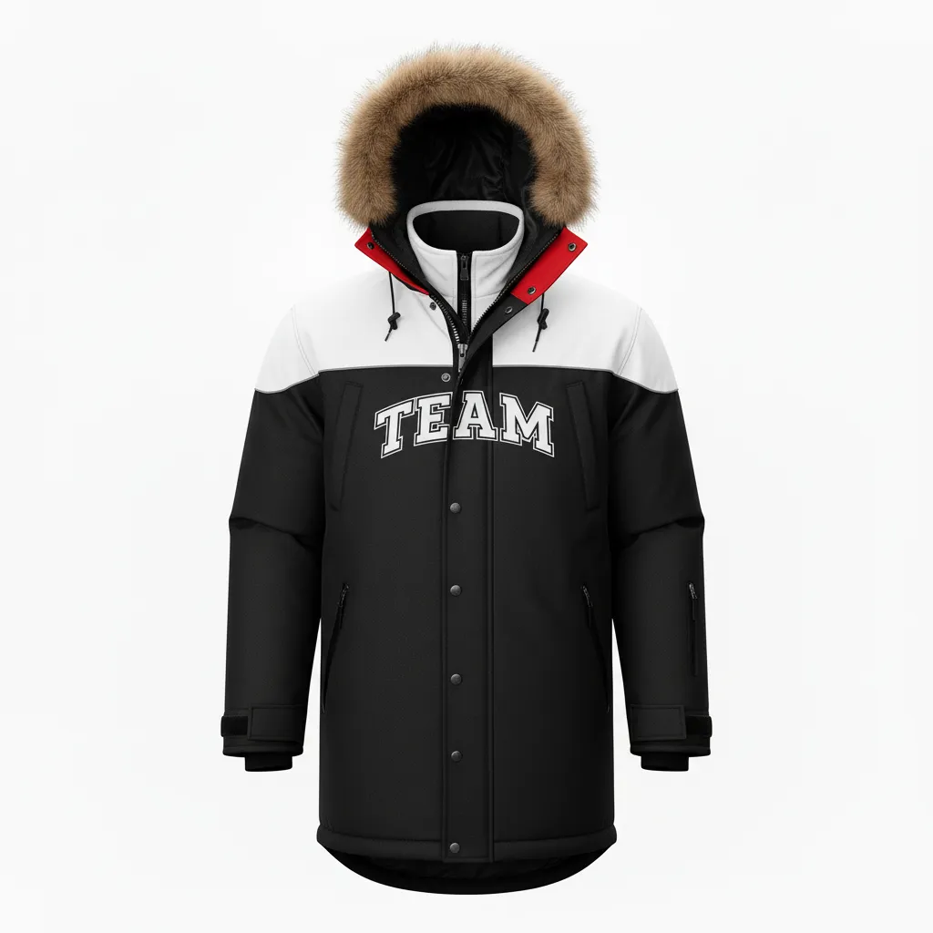 Custom Ice Hockey Parka Winter Jacket - Black, White, Grey - Front View - Kinexa Sportswear