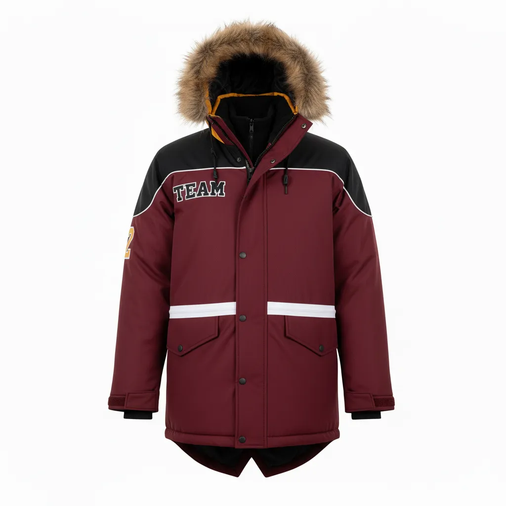 Custom Ice Hockey Parka Winter Jacket - Black, White - Cardinal - Front View - Kinexa Sportswear