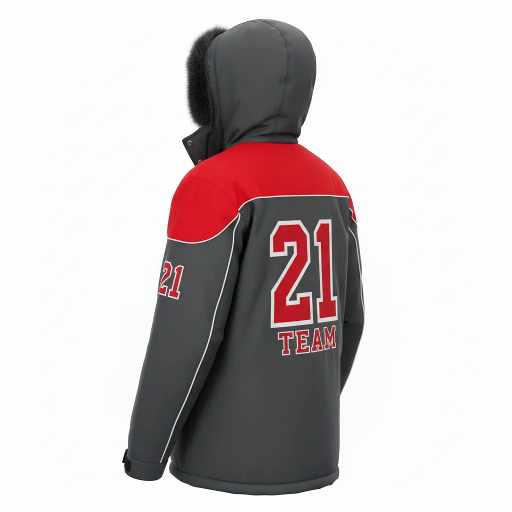 Custom Ice Hockey Parka Winter Jacket - Red, White - Charcoal - Back View - Kinexa Sportswear