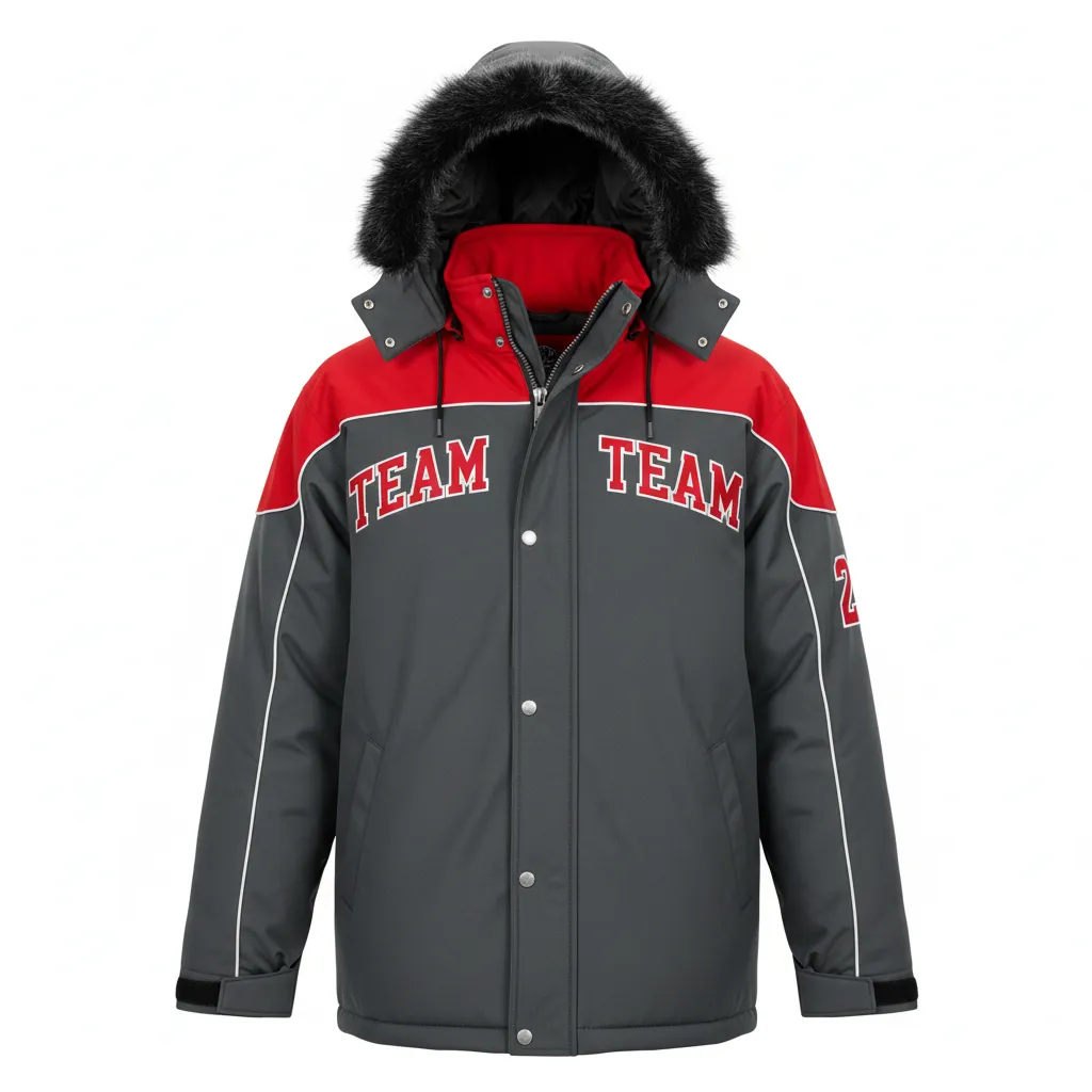 Custom Ice Hockey Parka Winter Jacket - Red, White - Charcoal - Front View - Kinexa Sportswear