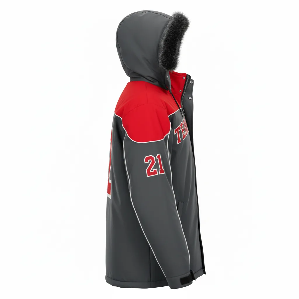 Custom Ice Hockey Parka Winter Jacket - Red, White - Charcoal - Side View - Kinexa Sportswear