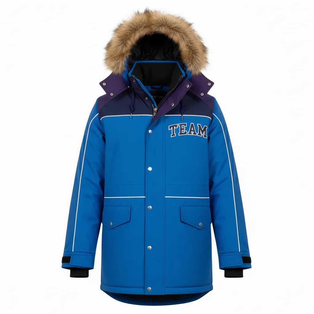 Custom Ice Hockey Parka Winter Jacket - Navy, White - Columbia - Front View - Kinexa Sportswear