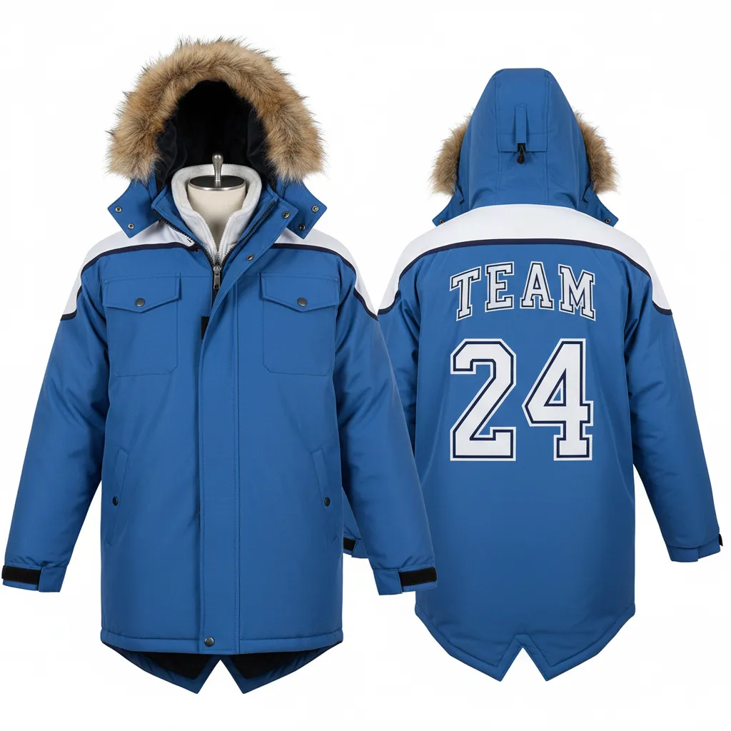 Custom Ice Hockey Parka Winter Jacket - White, Navy - Columbia - Front View - Kinexa Sportswear