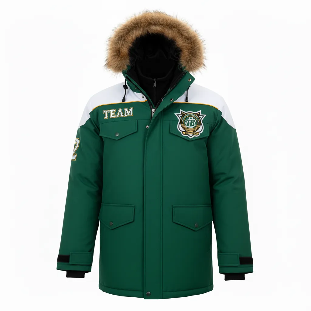 Custom Ice Hockey Parka Winter Jacket - Black, Gold - Forest - Front View - Kinexa Sportswear