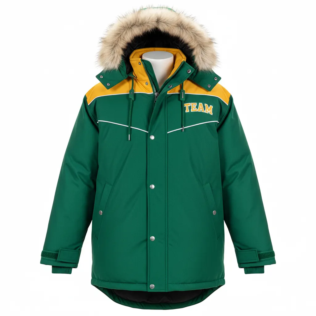 Custom Ice Hockey Parka Winter Jacket - Gold, White - Forest - Front View - Kinexa Sportswear