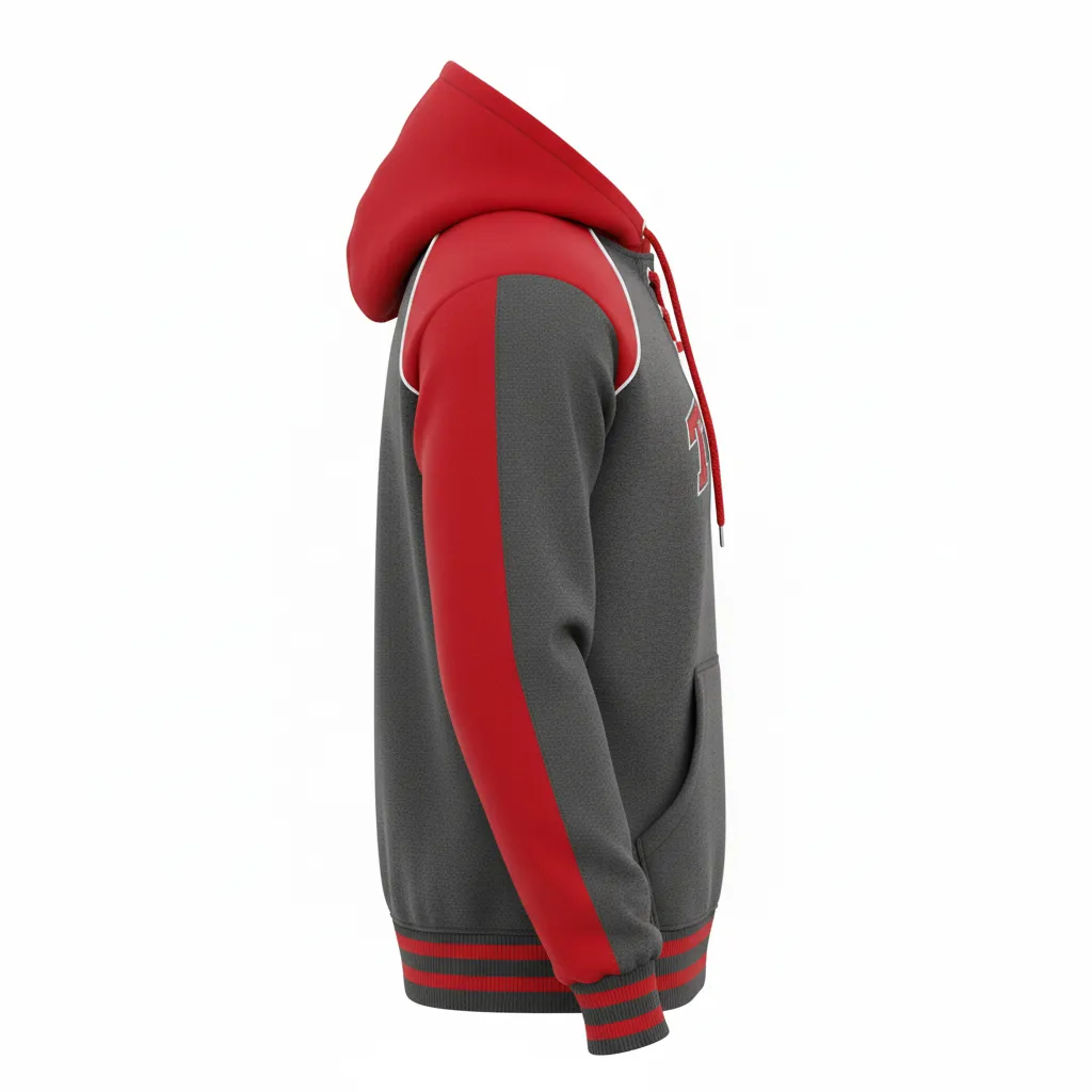 Custom Ice Hockey Pullover Hoodie - Red, White - Charcoal - Side View - Kinexa Sportswear