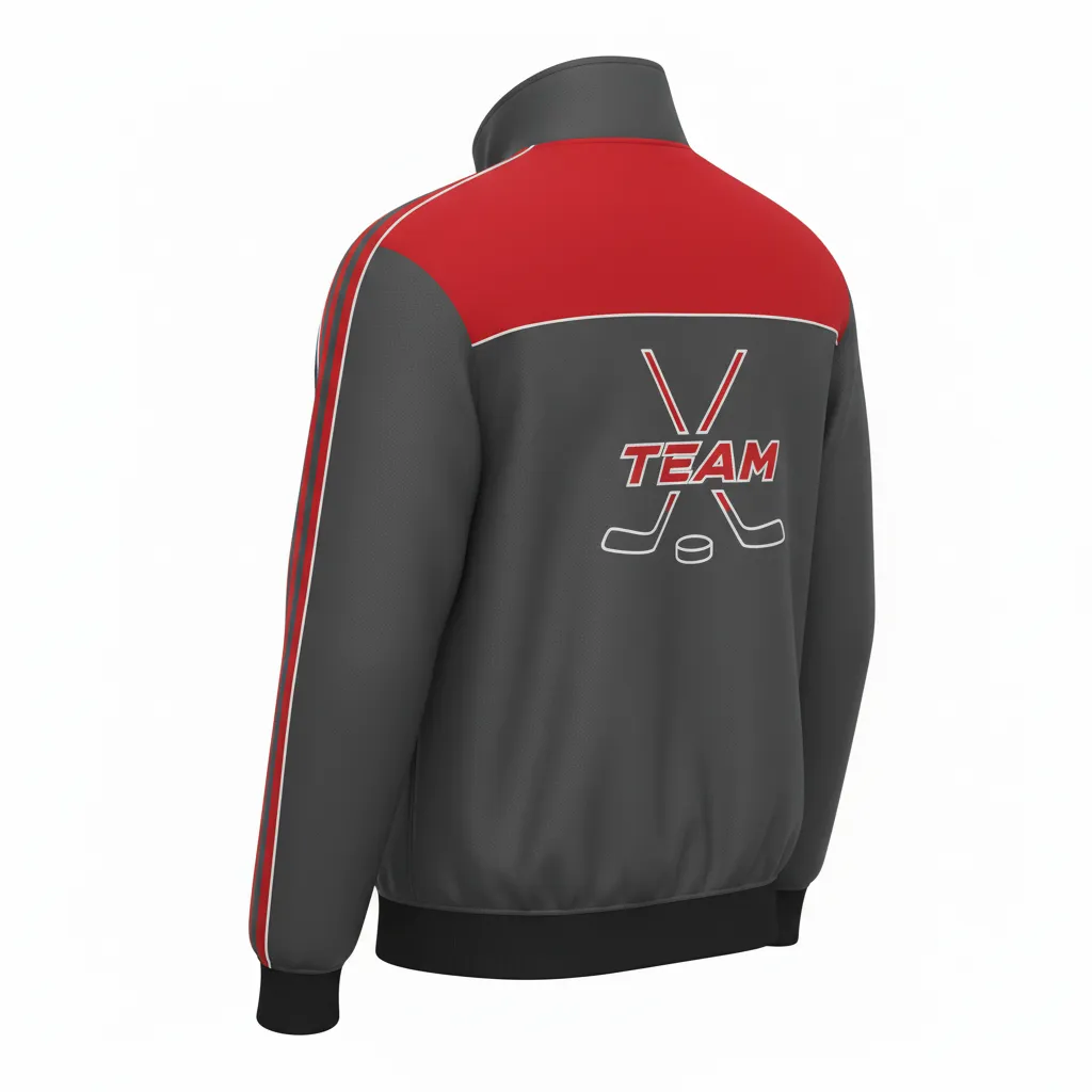 Custom Ice Hockey Track Jacket - Red, White - Trackjacket Charcoal - Back View - Kinexa Sportswear