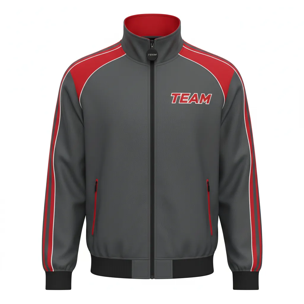 Custom Ice Hockey Track Jacket - Red, White - Trackjacket Charcoal - Front View - Kinexa Sportswear