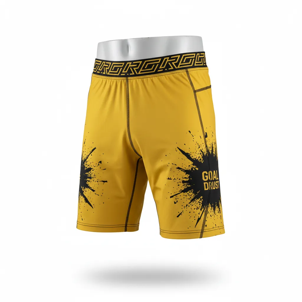 Custom Lacrosse Compression Shorts - Gold, Black - Athletic Goal Dust Explosion - Front View - Kinexa Sportswear