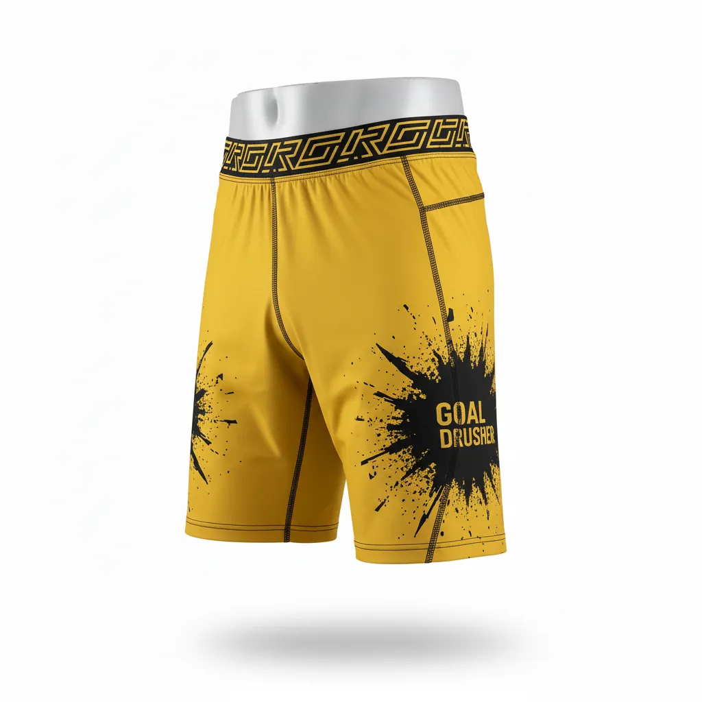 Custom Lacrosse Compression Shorts - Gold, Black - Athletic Goal Dust Explosion - Side View - Kinexa Sportswear