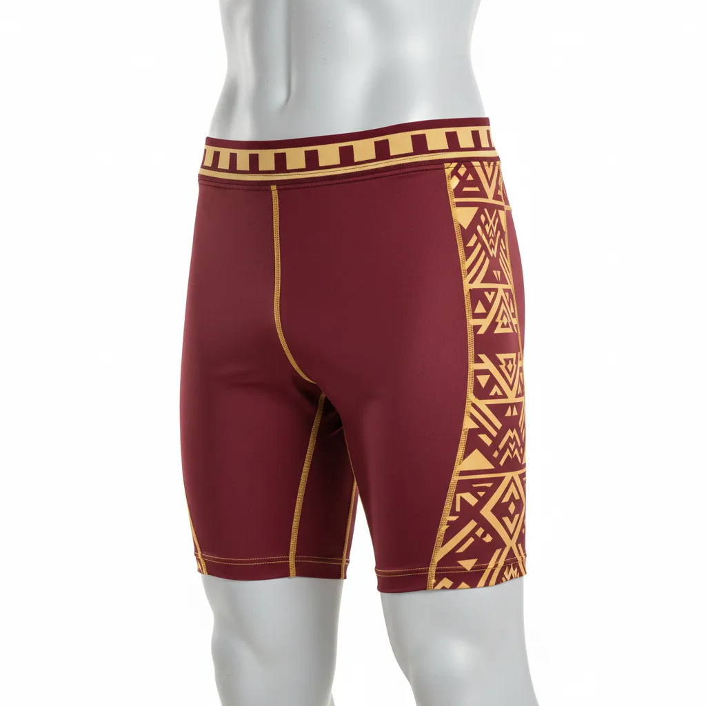 Custom Lacrosse Compression Shorts - Burgundy, Gold - Vegas Tribal Clash - Front View - Kinexa Sportswear