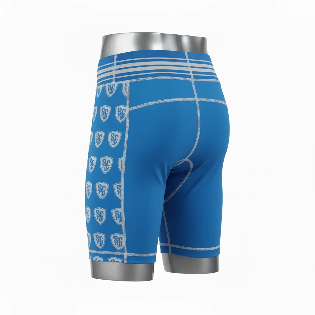 Custom Lacrosse Compression Shorts - Blue, White, Blue - Carolina Tar Heel - Front View - Kinexa Sportswear