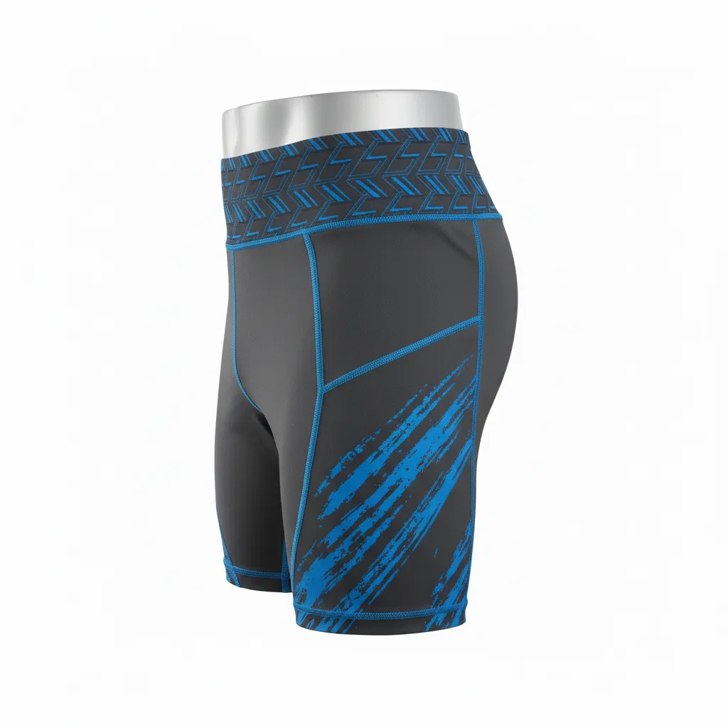 Custom Lacrosse Compression Shorts - Blue - Charcoal Electric Cleat Marks Trail - Side View - Kinexa Sportswear