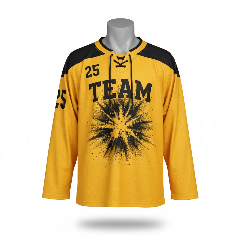Custom Lacrosse Full Sleeve Lacrosse Jersey - Gold, Black - Box Long Athletic Goal Dust Explosion - Front View - Kinexa Sportswear