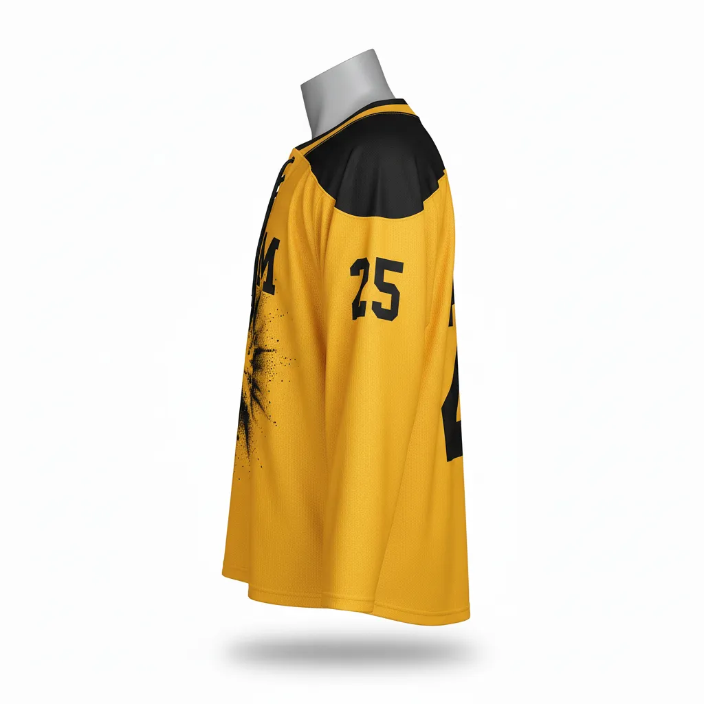 Custom Lacrosse Full Sleeve Lacrosse Jersey - Gold, Black - Box Long Athletic Goal Dust Explosion - Side View - Kinexa Sportswear