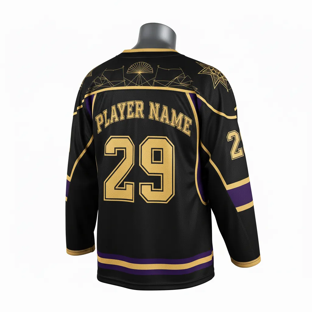 Custom Lacrosse Full Sleeve Lacrosse Jersey - Black, Gold, Purple - Box Long Creator S Game Celestial - Back View - Kinexa Sportswear