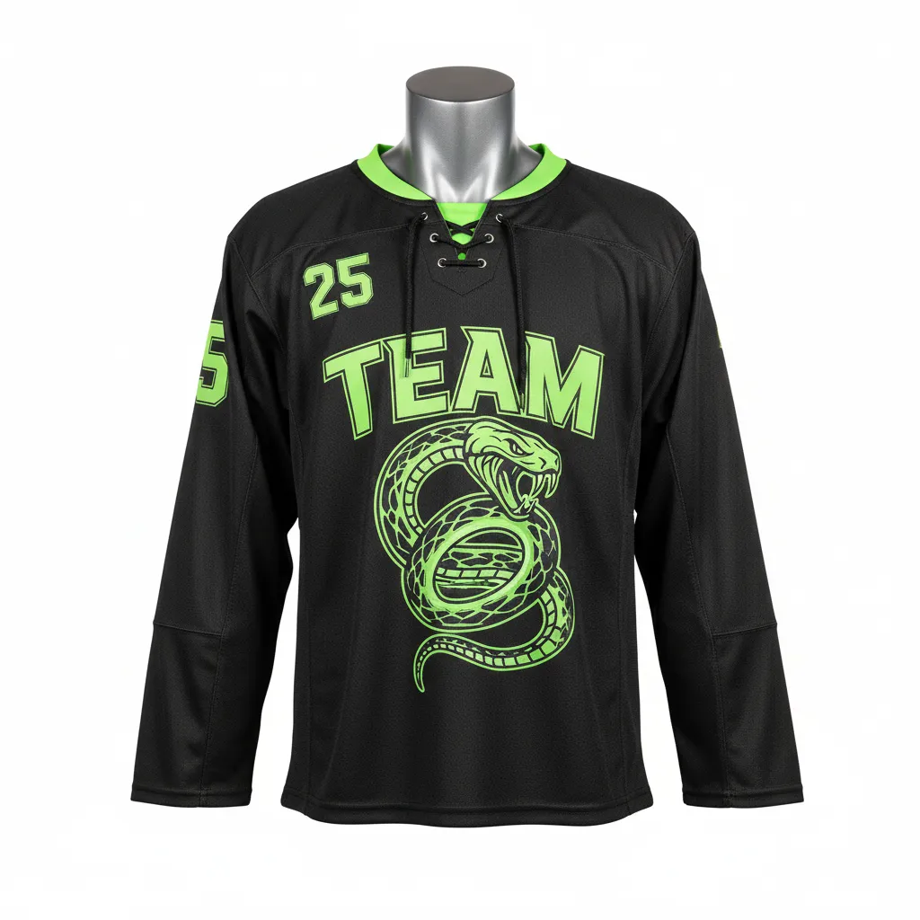 Custom Lacrosse Full Sleeve Lacrosse Jersey - Black, Green - Box Long Neon Serpent Strike - Front View - Kinexa Sportswear