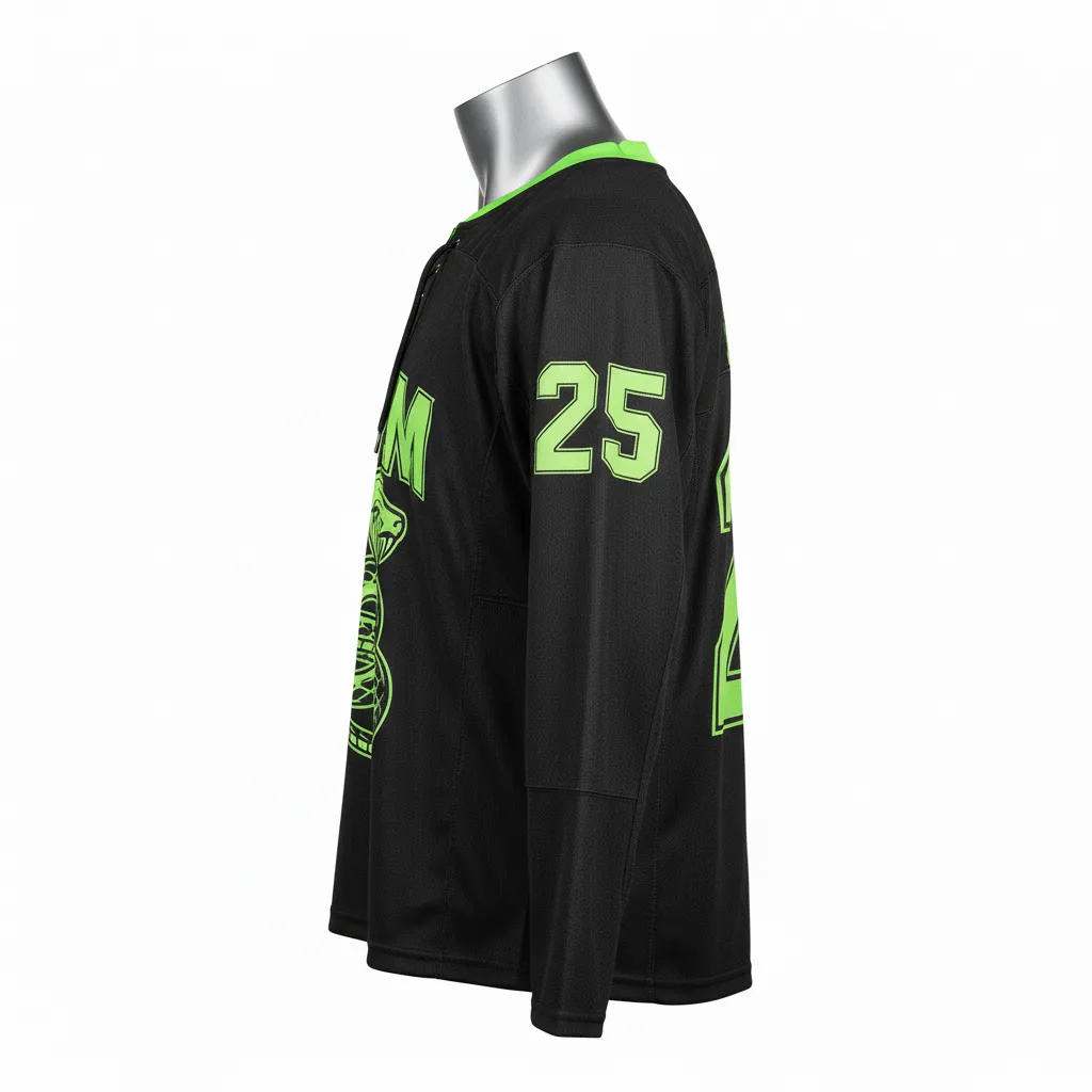 Custom Lacrosse Full Sleeve Lacrosse Jersey - Black, Green - Box Long Neon Serpent Strike - Side View - Kinexa Sportswear