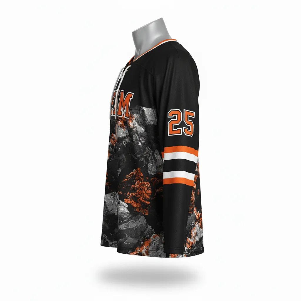 Custom Lacrosse Full Sleeve Lacrosse Jersey - Black, Orange, White - Box Long Toronto Rock - Side View - Kinexa Sportswear