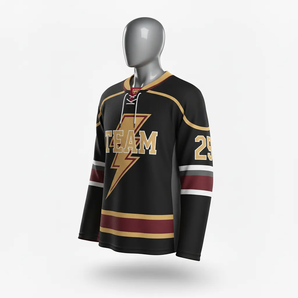 Custom Lacrosse Full Sleeve Lacrosse Jersey - Black, Red, Gold - Box Long Nll Arena Thunder - Front View - Kinexa Sportswear