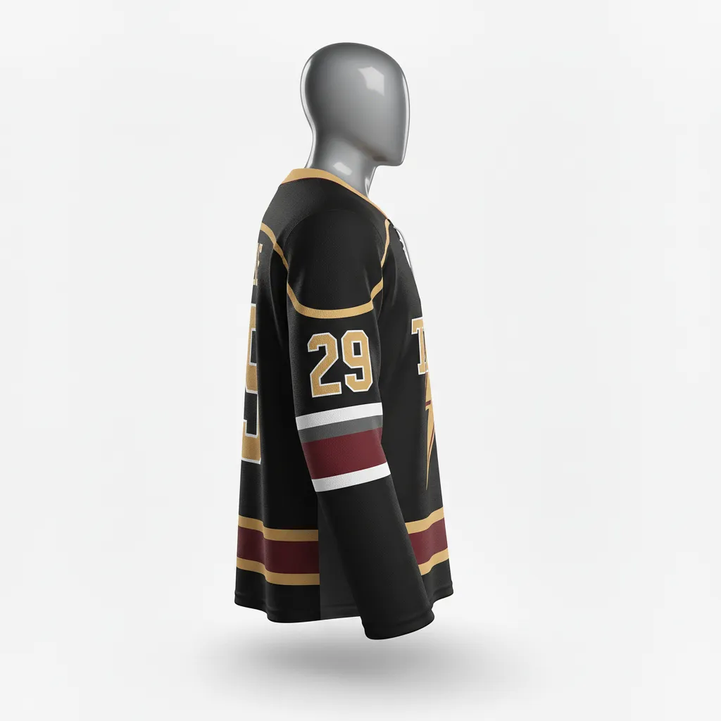 Custom Lacrosse Full Sleeve Lacrosse Jersey - Black, Red, Gold - Box Long Nll Arena Thunder - Side View - Kinexa Sportswear